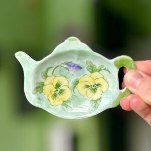 VTG Mini Dainty Floral Teapot Kettle Tea Bag Ceramic Holder Kitchen Accent